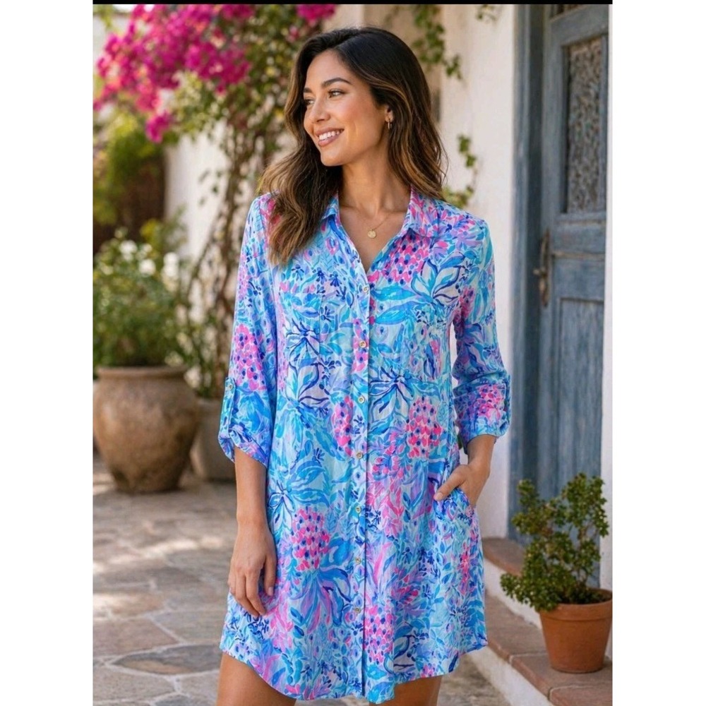 Lilly Pulitzer Elsa Tunic Dress Blue Pink Floral Rayon‎ Button Shirt Dress Small